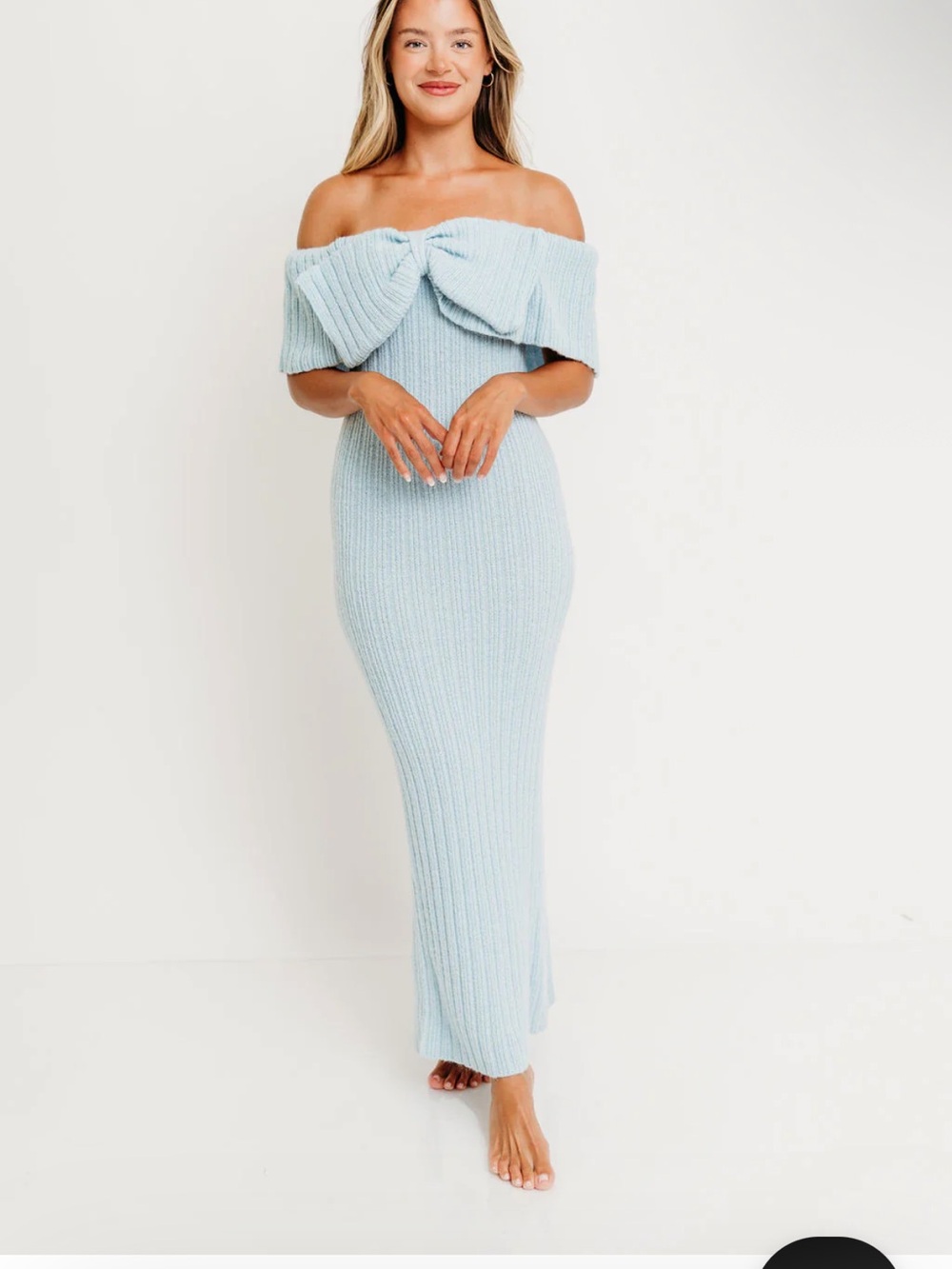 Off-Shoulder Strapless Knit Maxi Dress in Light Blue